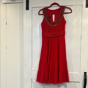 Tomato Red Jones New York Red Sleeveless Beaded Neck Tiered Dress
